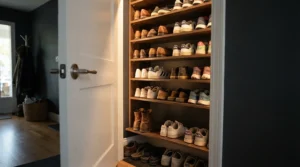 Affordable auto-on motion sensor closet lights turning on instantly to reveal shoes on shelves