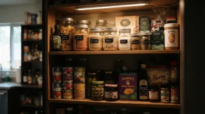 Battery-powered motion sensor closet lights mounted inside a deeply stocked kitchen pantry shelf