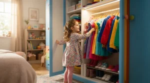 Child-friendly motion sensor closet lights helping kids find clothes in their bedroom wardrobe