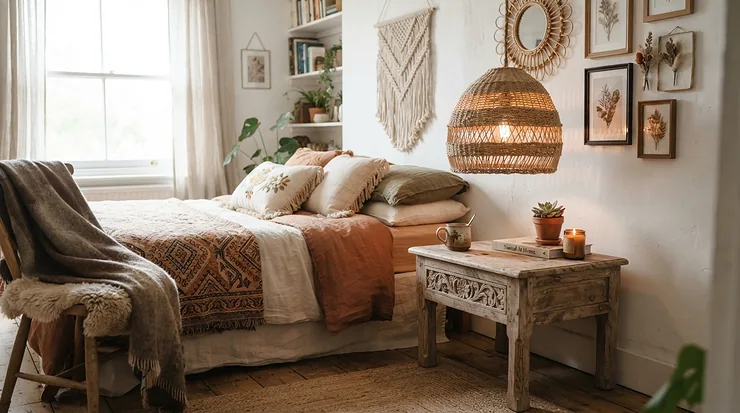 A boho-style plug-in pendant light for bedside reading, paired with woven textures and neutral bedding.