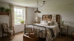 A farmhouse-inspired plug-in pendant light for bedside decor hanging over a distressed wood nightstand.
