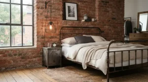 An industrial black metal plug-in pendant light for bedside lighting in a loft-style master bedroom.