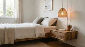 A stylish plug-in pendant light for bedside hanging above a nightstand in a modern apartment bedroom.