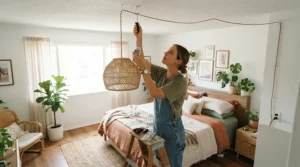 An illustration showing a plug-in pendant light for bedside installation without wiring in a rental home.