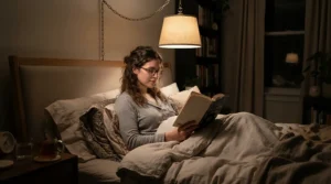 A warm glow from a plug-in pendant light for bedside reading during a cozy evening at home.