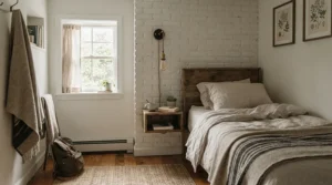 A space-saving plug-in pendant light for bedside use in a compact urban studio apartment.