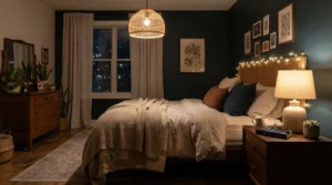 A close-up of a quiet ceiling fan with light for bedroom casting a gentle warm glow during a peaceful night.