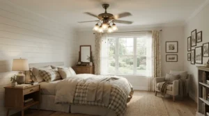 An energy-efficient quiet ceiling fan with light for bedroom operating smoothly in a serene sleeping space.