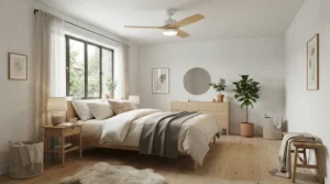 A sleek, low-profile quiet ceiling fan with light for bedroom complementing minimalist interior design.