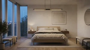 A stylish quiet ceiling fan with light for bedroom installed in a modern master suite with soft ambient lighting.