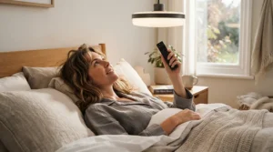A person adjusting a quiet ceiling fan with light for bedroom using a handheld remote while relaxing in bed.