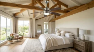 A large quiet ceiling fan with light for bedroom installed on a dramatic vaulted ceiling in a suburban home.