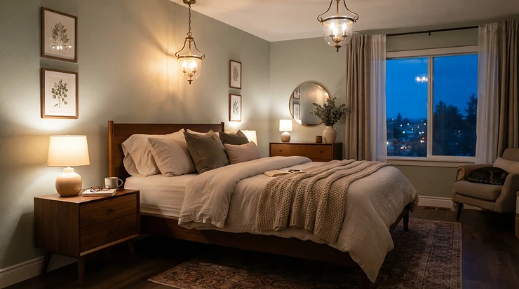 A quiet ceiling fan with light for bedroom illuminating a tranquil sleeping space with dimmable LEDs.