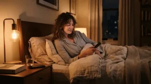 A remote control ceiling fan with light for bedroom convenience operated from a cozy bed at night