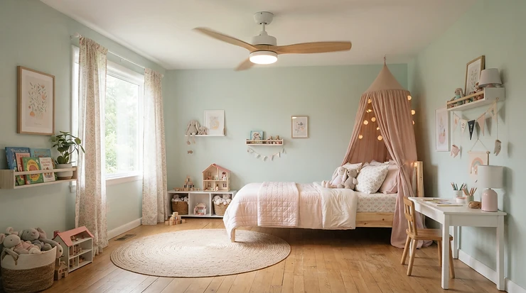 A playful remote control ceiling fan with light for bedroom installation in a child space