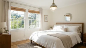 A remote control ceiling fan with light for bedroom comfort turning on during a sunny morning