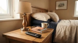 A remote control ceiling fan with light for bedroom accessories resting on a wooden nightstand
