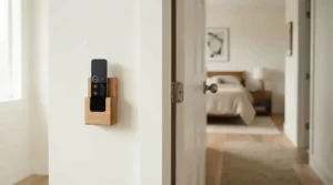 A remote control ceiling fan with light for bedroom featuring a convenient wall-mount receiver dock