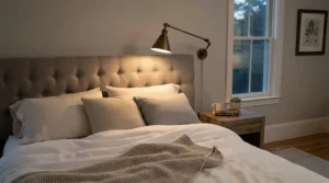 An adjustable swing arm wall lamp for headboard providing targeted illumination in a cozy master suite.