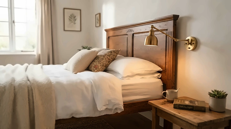 A classic brass swing arm wall lamp for headboard complementing traditional bedroom furniture.