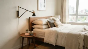 A brass swing arm wall lamp for headboard adding warmth to a chic urban apartment bedroom.