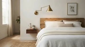 A clean hardwired swing arm wall lamp for headboard in a professionally styled suburban home.