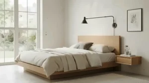 A minimalist swing arm wall lamp for headboard featured in a clean, uncluttered interior design.