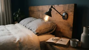 A sleek swing arm wall lamp for headboard installed in a contemporary bedroom for nighttime reading.