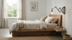 A space-saving swing arm wall lamp for headboard mounted cleanly on a paneled bedroom wall.