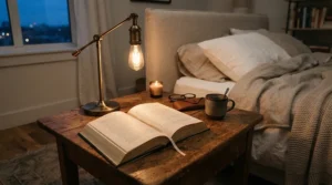 A stylish USB bedside lamp with charging port illuminating a book and a charging tablet on a rustic nightstand.