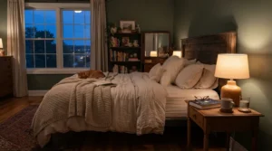 A cozy master bedroom accented by a warm glowing USB bedside lamp with charging port on the dresser.