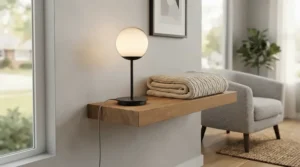An aesthetic USB bedside lamp with charging port blending seamlessly into contemporary bedroom decor.
