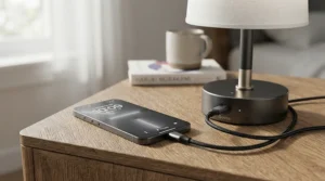 Close-up view of a USB bedside lamp with charging port powering up a smartphone overnight.