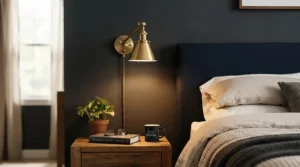 A brushed brass wall-mounted reading light for bed paired with dark blue accent walls.