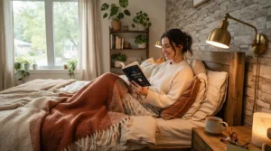A warm-toned wall-mounted reading light for bed creating a relaxing ambiance for nighttime reading.