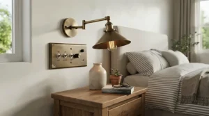 A dual-switch wall-mounted reading light for bed with independent controls for ambient and task lighting.