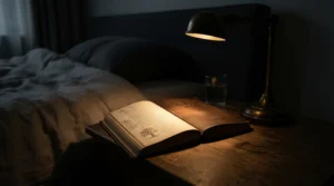 A focused beam wall-mounted reading light for bed shining brightly on a magazine without disturbing a partner.