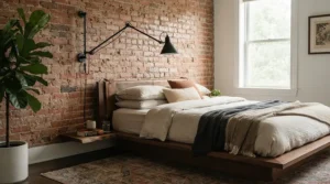 A minimalist black wall-mounted reading light for bed in a contemporary urban loft bedroom.