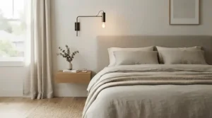 A sleek wall-mounted reading light for bed installed above a modern upholstered headboard in a cozy apartment.